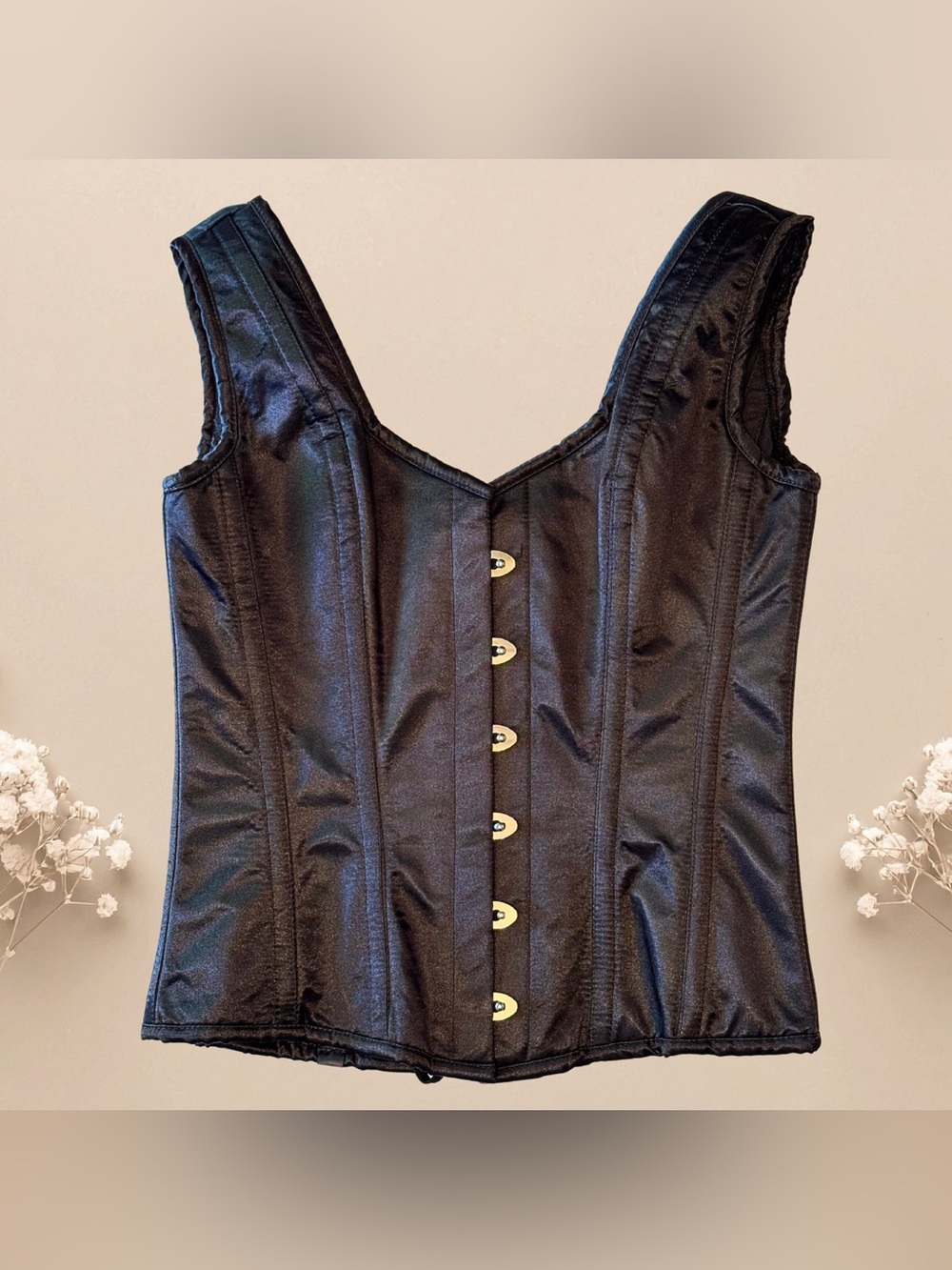 Gothic Black Satin Corset / Satin Burlesque Lace Up Top / Y2K / M